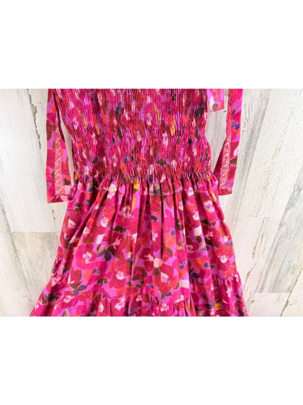 Mi Golondrina Sz L Smocked Midi Dress Pink Floral Mexico - Picture 13 of 16